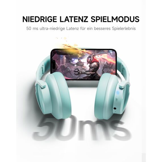 Picun B8 Bluetooth Over Ear Kopfhörer, 120H Spielzeit mit 3 EQ Modi, Niedrige Latenz, Freisprecheinrichtung, Tiefer Bass für Reisen, Zuhause, Büro & PC (Cyan)