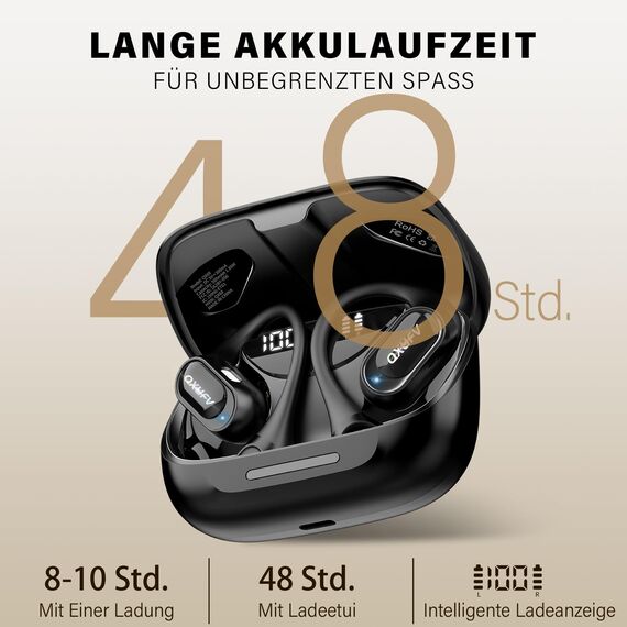 Open Ear Kopfhörer Bluetooth 5.4, kopfhörer kabellos bluetooth mit Mikrofon, 48Std Spielzeit ohrhörer bluetooth, Fester Halt, HiFi-Sound, Klare Anrufe, IPX7 Sport kopfhörer für Workout/Laufen, Black