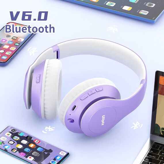 Uliptz Kabellose Bluetooth-Kopfhörer, 65 Stunden Spielzeit, 6 EQ-Soundmodi, HiFi-Stereo-Over-Ear-Kopfhörer mit Mikrofon, Faltbare Bluetooth 6.0-Kopfhörer für Reisen/Büro/Handy/TV/PC (Lila)