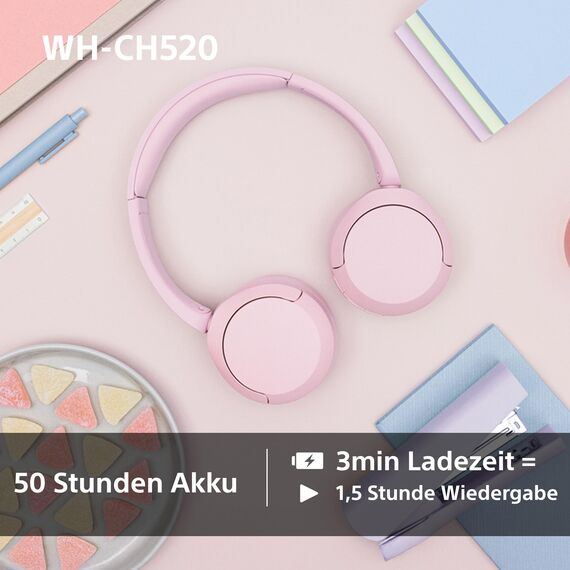Sony WH-CH520 Kabelloser Bluetooth On-Ear-Kopfhörer, hohe Klangqualität, leichtes Design, bis zu 50 Stunden Akkulaufzeit, Schnellladung, EQ, klare Gesprächsqualität, iOS & Android - Beige