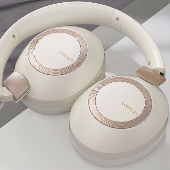 LORELEI B-C6 Kabellose Over-Ear-Kopfhörer, 50H Playtime Faltbare, leichte Bluetooth-Headsets, Tiefe Bässe, eingebautes Mikrofon, Ohrenschützer aus Memory-Schaumstoff, für Reisen(Beige weiß)