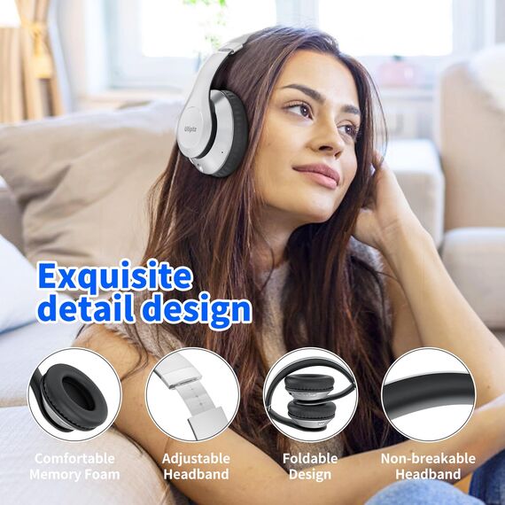 Uliptz Bluetooth Kopfhörer Over Ear, 65 Stunden Spielzeit Kopfhörer Kabellos 6 EQ-Modi, HiFi-Stereo Faltbares Bluetooth 6.0 Wireless Headphones für Reisen/Büro/Handy/PC (Silber)