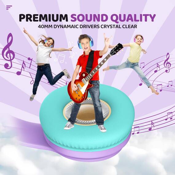 JoySpark Bluetooth Kopfhörer Kinder, Kabellose Kinderkopfhörer Over-Ear mit 85/94dB Lautstärkebegrenzung, 60 Stunden Spielzeit, Bluetooth 5.3, eingebautes Mikrofon-Lila
