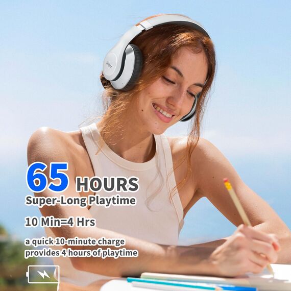Uliptz Bluetooth Kopfhörer Over Ear, 65 Stunden Spielzeit Kopfhörer Kabellos 6 EQ-Modi, HiFi-Stereo Faltbares Bluetooth 6.0 Wireless Headphones für Reisen/Büro/Handy/PC (Silber)