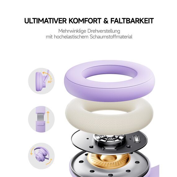 Picun B8 Kopfhörer, kabellos, Bluetooth, 120H Bluetooth-Kopfhörer über Ohr mit 3EQ-Musikmodi, Freisprecheinrichtung, tiefer Bass-Kopfhörer für Reisen, Zuhause, Büro, Handy, PC (lila)