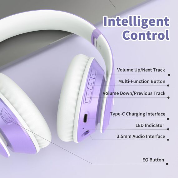 Uliptz Kabellose Bluetooth-Kopfhörer, 65 Stunden Spielzeit, 6 EQ-Soundmodi, HiFi-Stereo-Over-Ear-Kopfhörer mit Mikrofon, Faltbare Bluetooth 6.0-Kopfhörer für Reisen/Büro/Handy/TV/PC (Lila)