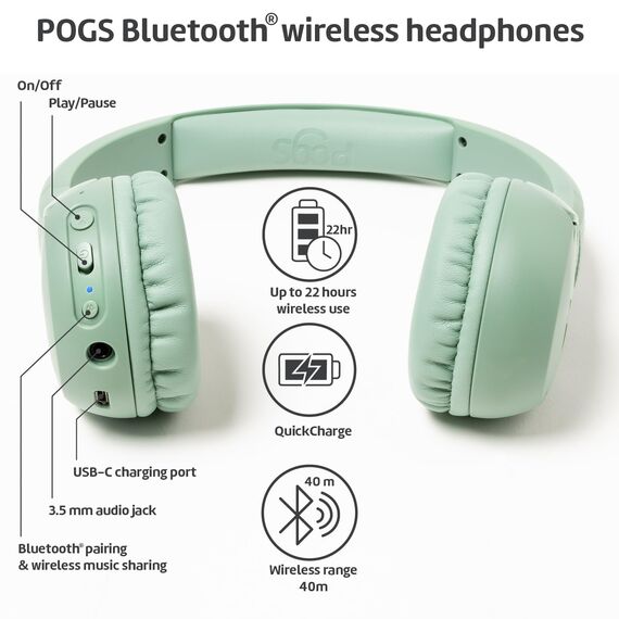 POGS Drahtloser Bluetooth Kinderkopfhörer | The Gecko 2 | Faltbarer robuster Kinderkopfhörer ab 3 Jahren | Lautstärkebegrenzung 70-85 dB | Mikrofon | On-Ear | Drahtlose Musik-Sharing-Funktion (rGrün)