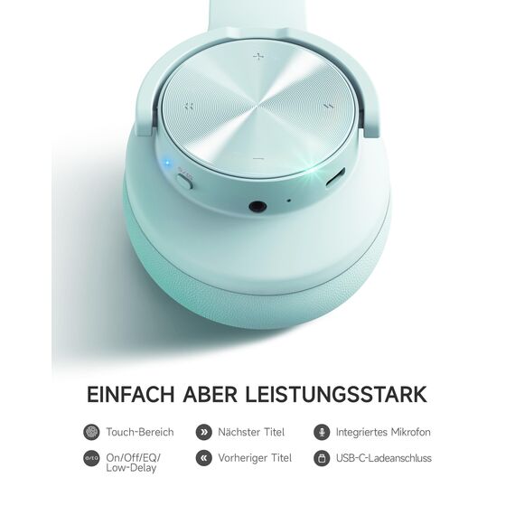 Picun B8 Bluetooth Over Ear Kopfhörer, 120H Spielzeit mit 3 EQ Modi, Niedrige Latenz, Freisprecheinrichtung, Tiefer Bass für Reisen, Zuhause, Büro & PC (Cyan)