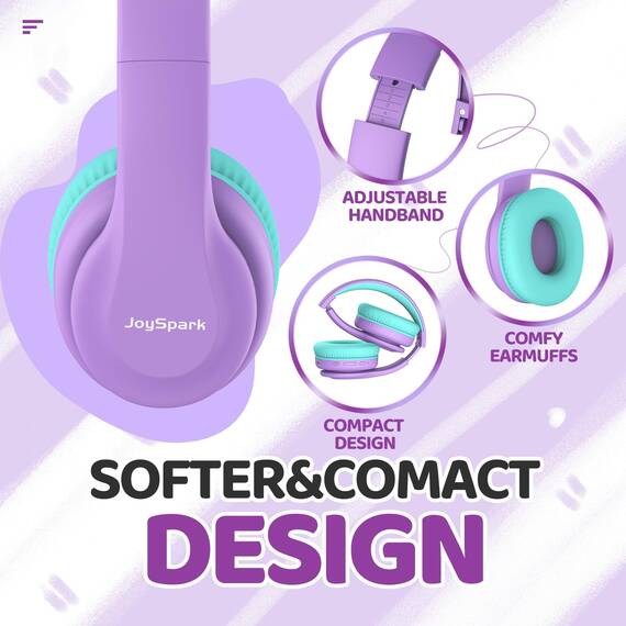 JoySpark Bluetooth Kopfhörer Kinder, Kabellose Kinderkopfhörer Over-Ear mit 85/94dB Lautstärkebegrenzung, 60 Stunden Spielzeit, Bluetooth 5.3, eingebautes Mikrofon-Lila