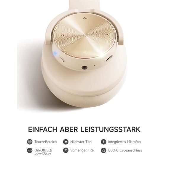 Picun B8 Bluetooth Kopfhörer, 120 Std. Spielzeit Kabelloser Bluetooth Kopfhörer mit 3 EQ-Modi, Geringe Latenz, Freisprechfunktion, Over-Ear-Kopfhörer für Reisen, Home Office, Handy, PC Khaki Weiß