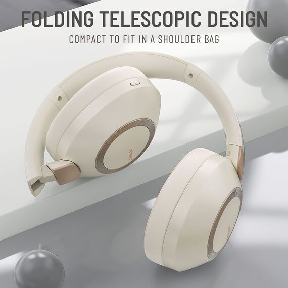 LORELEI B-C6 Kabellose Over-Ear-Kopfhörer, 50H Playtime Faltbare, leichte Bluetooth-Headsets, Tiefe Bässe, eingebautes Mikrofon, Ohrenschützer aus Memory-Schaumstoff, für Reisen(Beige weiß)