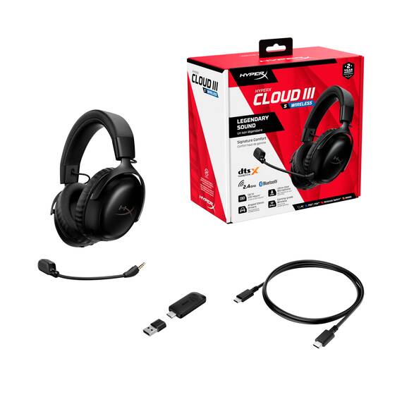 HyperX Cloud III S – Kabelloses Gaming-Headset, Multiplattform, 2,4 GHz, Bluetooth, Akkulaufzeit bis zu 120 Stunden, 2,4 GHz, 53-mm-Neigungstreiber, 10-mm-abnehmbares Mikrofon – Schwarz