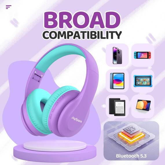 JoySpark Bluetooth Kopfhörer Kinder, Kabellose Kinderkopfhörer Over-Ear mit 85/94dB Lautstärkebegrenzung, 60 Stunden Spielzeit, Bluetooth 5.3, eingebautes Mikrofon-Lila