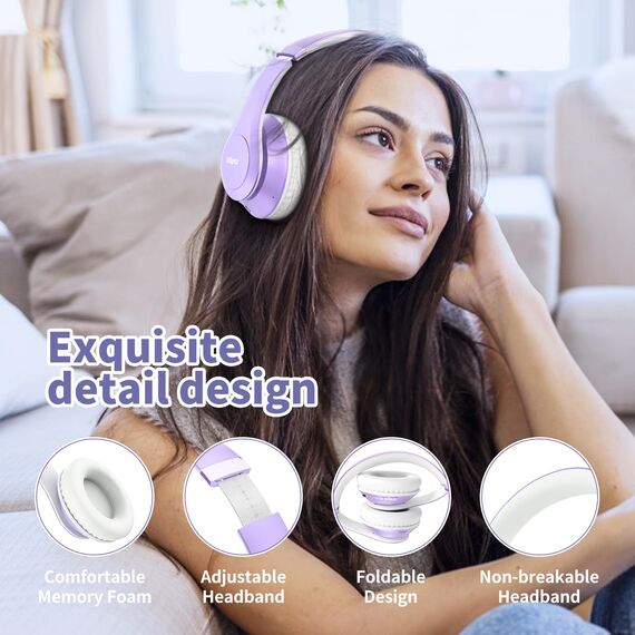 Uliptz Kabellose Bluetooth-Kopfhörer, 65 Stunden Spielzeit, 6 EQ-Soundmodi, HiFi-Stereo-Over-Ear-Kopfhörer mit Mikrofon, Faltbare Bluetooth 6.0-Kopfhörer für Reisen/Büro/Handy/TV/PC (Lila)