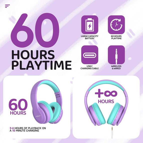 JoySpark Bluetooth Kopfhörer Kinder, Kabellose Kinderkopfhörer Over-Ear mit 85/94dB Lautstärkebegrenzung, 60 Stunden Spielzeit, Bluetooth 5.3, eingebautes Mikrofon-Lila