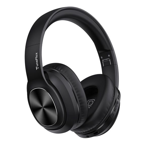TuneFlux Bluetooth Kopfhörer Over Ear, 80 Std Akkulaufzeit, Kabellos Bluetooth Kopfhörer mit 3 EQ-Modi, HiFi-Stereo, Eingebautes Mikrofon, Faltbares Wireless Kopfhörer (Schwarz)