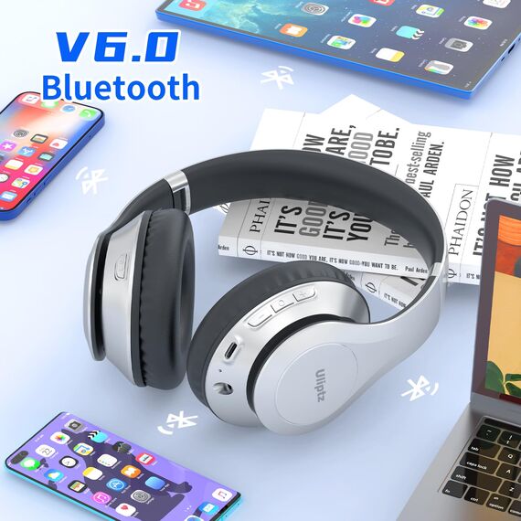 Uliptz Bluetooth Kopfhörer Over Ear, 65 Stunden Spielzeit Kopfhörer Kabellos 6 EQ-Modi, HiFi-Stereo Faltbares Bluetooth 6.0 Wireless Headphones für Reisen/Büro/Handy/PC (Silber)