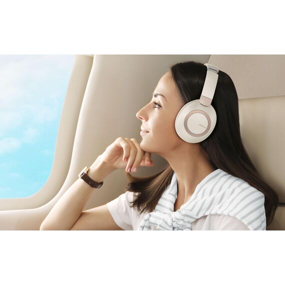 LORELEI B-C6 Kabellose Over-Ear-Kopfhörer, 50H Playtime Faltbare, leichte Bluetooth-Headsets, Tiefe Bässe, eingebautes Mikrofon, Ohrenschützer aus Memory-Schaumstoff, für Reisen(Beige weiß)