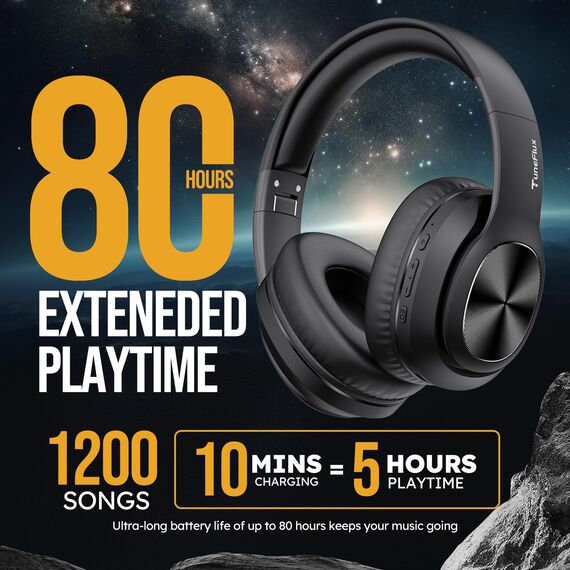TuneFlux Bluetooth Kopfhörer Over Ear, 80 Std Akkulaufzeit, Kabellos Bluetooth Kopfhörer mit 3 EQ-Modi, HiFi-Stereo, Eingebautes Mikrofon, Faltbares Wireless Kopfhörer (Schwarz)