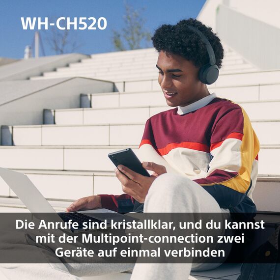 Sony WH-CH520 Kabelloser Bluetooth On Ear Kopfhörer, hohe Klangqualität, leichtes Design, bis zu 50 Stunden Akkulaufzeit, Schnellladung, EQ, klare Gesprächsqualität, iOS und Android, Blau