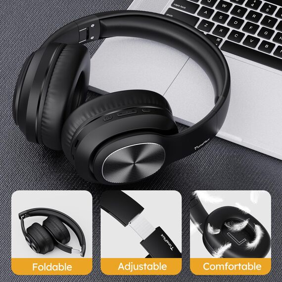 TuneFlux Bluetooth Kopfhörer Over Ear, 80 Std Akkulaufzeit, Kabellos Bluetooth Kopfhörer mit 3 EQ-Modi, HiFi-Stereo, Eingebautes Mikrofon, Faltbares Wireless Kopfhörer (Schwarz)