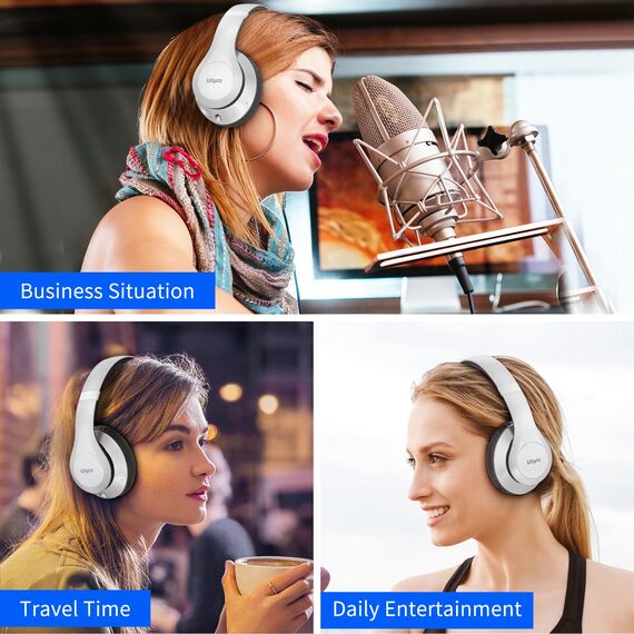 Uliptz Bluetooth Kopfhörer Over Ear, 65 Stunden Spielzeit Kopfhörer Kabellos 6 EQ-Modi, HiFi-Stereo Faltbares Bluetooth 6.0 Wireless Headphones für Reisen/Büro/Handy/PC (Silber)
