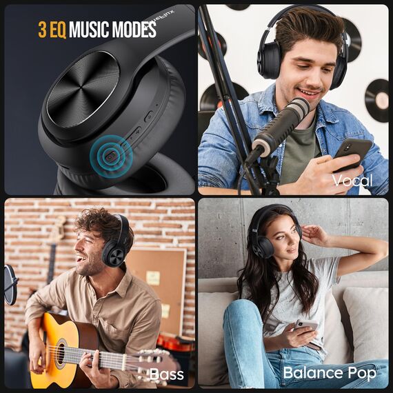 TuneFlux Bluetooth Kopfhörer Over Ear, 80 Std Akkulaufzeit, Kabellos Bluetooth Kopfhörer mit 3 EQ-Modi, HiFi-Stereo, Eingebautes Mikrofon, Faltbares Wireless Kopfhörer (Schwarz)