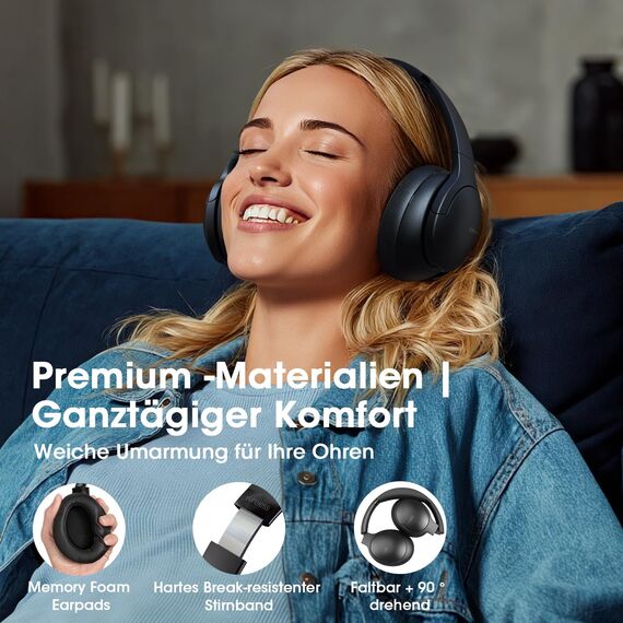 DOQAUS Kabellose Bluetooth Kopfhörer, Bluetooth 5.4 Bluetooth-Kopfhörer Over Ear, 90 Std. Akku, App Steuerung & 9 EQ Modi, HiFi Stereo Sound mit Bass, mit Mikrofon für Arbeit, Reisen & Alltag, Schwarz