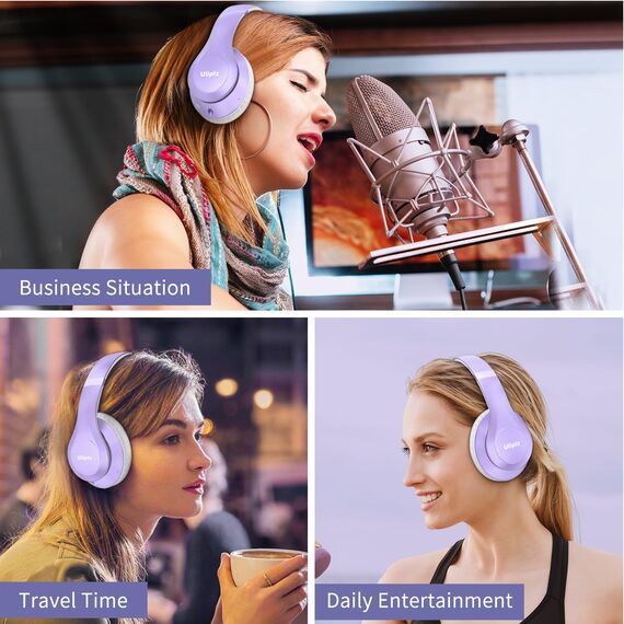 Uliptz Kabellose Bluetooth-Kopfhörer, 65 Stunden Spielzeit, 6 EQ-Soundmodi, HiFi-Stereo-Over-Ear-Kopfhörer mit Mikrofon, Faltbare Bluetooth 6.0-Kopfhörer für Reisen/Büro/Handy/TV/PC (Lila)