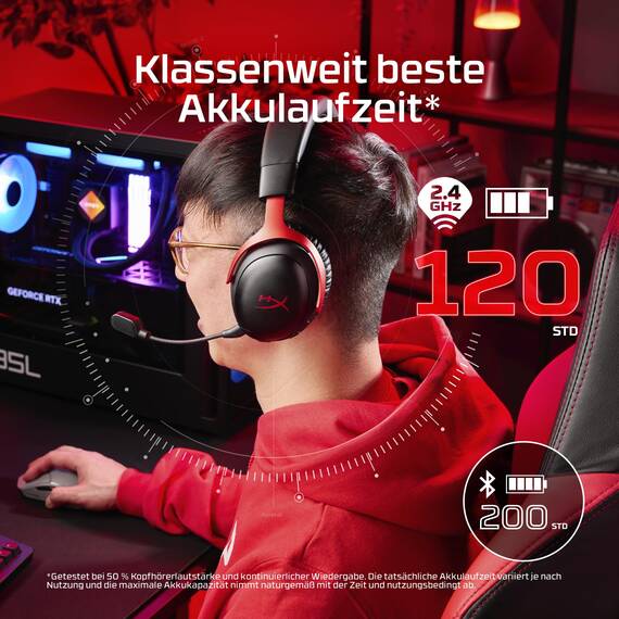 HyperX Cloud III S – Kabelloses Gaming-Headset, Multiplattform, 2,4 GHz, Bluetooth, Akkulaufzeit bis zu 120 Stunden, 2,4 GHz, 53-mm-Neigungstreiber, 10-mm-abnehmbares Mikrofon – Schwarz