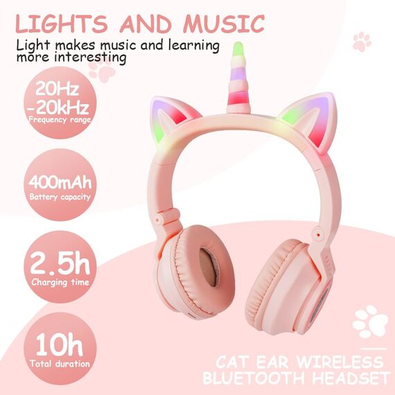 AXFEE Kinder-Kopfhörer, Bluetooth 5.0 mit Bass-Boost und LED-Licht, Over-Ear mit Katzenohren für Mädchen und Jungen