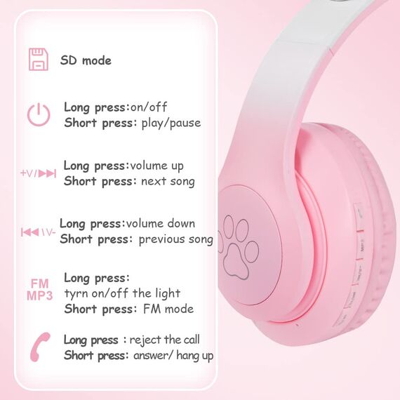 AXFEE Kopfhörer Kinder, Bluetooth-Kopfhörer Mit Katzenohren, Mädchen Katzenohr Over-Ear Mit LED-Licht, Faltbare Stereo Kabellose Kinderkopfhörer, Kinder-Kopfhörer für PC/Handy/iPad/Tablet-Rosa Weiß