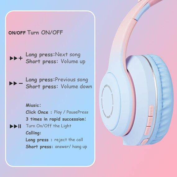 AXFEE Kopfhörer Kinder, Bluetooth-Kopfhörer Mit Katzenohren, Mädchen Katzenohr Over-Ear Mit LED-Licht, Faltbare Stereo Kabellose Kinderkopfhörer mit Mikrofon,Micro SD/TF für PC/Handy/iPad/Tablet-Blau