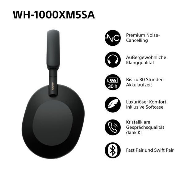 WH-1000XM5 SA inkl. Leichter Schutzhülle, Kabelloser Premium-Kopfhörer mit Noise Cancelling, Bluetooth, kristallklare Anrufqualität, Hi-Res-Audio, bis zu 30 Std Akkulaufzeit, iOS & Android - Schwarz