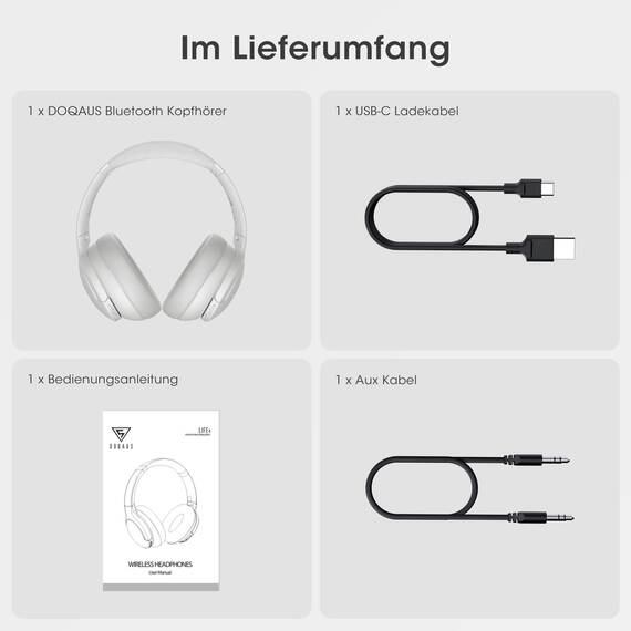 DOQAUS Kopfhörer Kabellos Bluetooth Bis zu 90 Std,Bluetooth Kopfhörer Over-Ear mit 3 EQ-Modi, HiFi Stereo, Eingebautes Mikrofon, Faltbares Wireless Headphones für Handys/iPad/Laptops/PC-Hellgrau