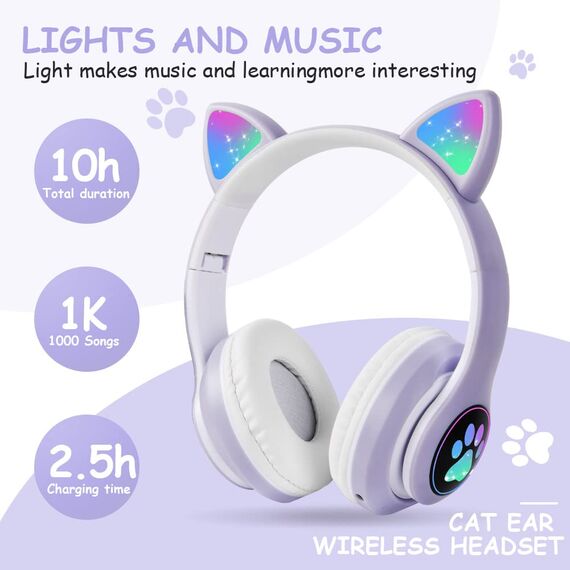 AXFEE Kinderkopfhörer Bluetooth, Katzenohr Over-Ear mit LED-Licht, Faltbar, Stereo, Kabellos mit Mikrofon, Micro SD/TF für Handy/Tablet/PC