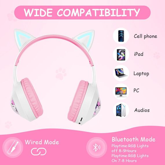 AXFEE Bluetooth-Kopfhörer Mit Katzenohren für Kinder, Bluetooth 5.3 Over-Ear Kopfhörer mit LED-Leuchten, Kabellos/Verkabelt, 99DB, Faltbarer Kinder-Kopfhörer für PC,Handy, Studium, Reisen(Weiß