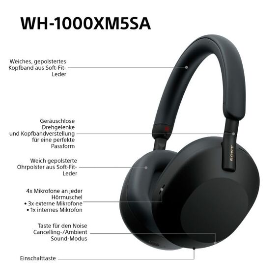 WH-1000XM5 SA inkl. Leichter Schutzhülle, Kabelloser Premium-Kopfhörer mit Noise Cancelling, Bluetooth, kristallklare Anrufqualität, Hi-Res-Audio, bis zu 30 Std Akkulaufzeit, iOS & Android - Schwarz