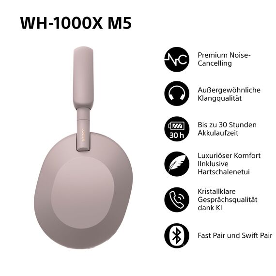 Sony WH-1000XM5 Kabelloser Premium-Kopfhörer mit Noise Cancelling, Bluetooth, kristallklare Anrufqualität, Hi-Res-Audio, bis zu 30 Std Akkulaufzeit, inkl. Hardcase, iOS & Android - Smoky Pink