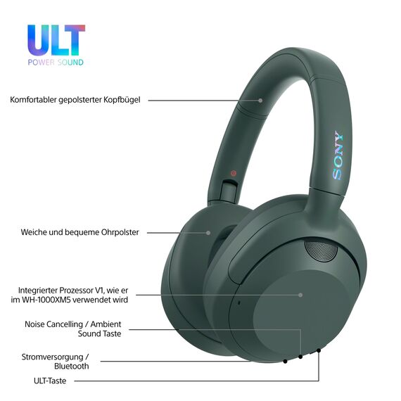 Sony ULT WEAR - Kabellose Kopfhörer mit Noise Cancelling, ULT Power Sound, ultimativer Deep Bass, selbem Prozessor wie WH-1000XM5, klare Anrufe, 30 Stunden Akkulaufzeit, iOS und Android - Forest-Gray
