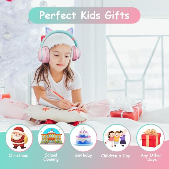 AXFEE Bluetooth-Kinder-Kopfhörer, LED-Beleuchtung, Katzenohren, kabellos/kabellos, HD-Stereo-Sound, 10 Stunden Spielzeit, Faltbarer Kinder-Kopfhörer für PC, Handy, iPad, Studium, Reisen, Schule, 105