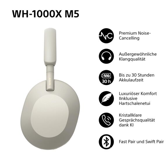 Sony WH-1000XM5 kabellose Bluetooth Noise Cancelling Kopfhörer (30h Akku, Touch Sensor, Headphones Connect App, Schnellladefunktion, optimiert für Amazon Alexa, Headset mit Mikrofon) Silber