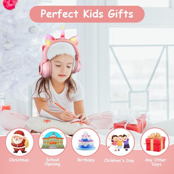 AXFEE Kinder-Kopfhörer, Bluetooth 5.0 mit Bass-Boost und LED-Licht, Over-Ear mit Katzenohren für Mädchen und Jungen