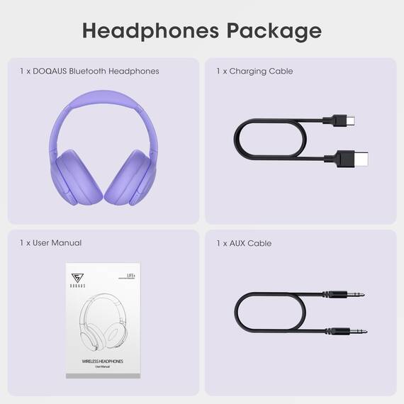 DOQAUS Kopfhörer Kabellos Bluetooth Bis zu 90 Std,Bluetooth Kopfhörer Over-Ear mit 3 EQ-Modi, HiFi Stereo, Eingebautes Mikrofon, Faltbares Wireless Headphones für Handys/iPad/Laptops/PC-Violett
