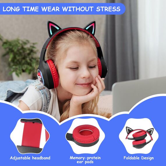 AXFEE Bluetooth-Kopfhörer Mit Katzenohren für Kinder, Bluetooth 5.3 Over-Ear Kopfhörer mit LED-Leuchten, Kabellos/Verkabelt, 99DB, Faltbarer Kinder-Kopfhörer für PC,Handy, Studium, Reisen(Schwarz