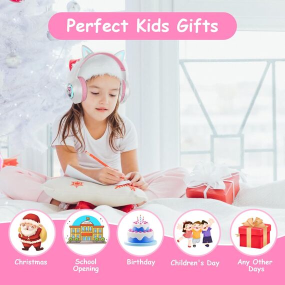 AXFEE Bluetooth-Kopfhörer Mit Katzenohren für Kinder, Bluetooth 5.3 Over-Ear Kopfhörer mit LED-Leuchten, Kabellos/Verkabelt, 99DB, Faltbarer Kinder-Kopfhörer für PC,Handy, Studium, Reisen(Weiß