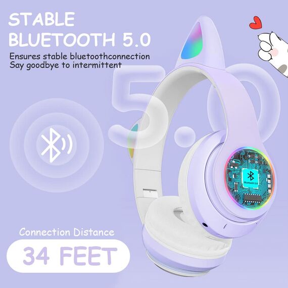 AXFEE Kinderkopfhörer Bluetooth, Katzenohr Over-Ear mit LED-Licht, Faltbar, Stereo, Kabellos mit Mikrofon, Micro SD/TF für Handy/Tablet/PC