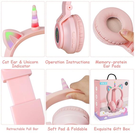 AXFEE Kinder-Kopfhörer, Bluetooth 5.0 mit Bass-Boost und LED-Licht, Over-Ear mit Katzenohren für Mädchen und Jungen