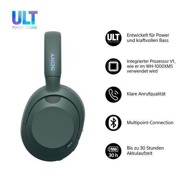 Sony ULT WEAR - Kabellose Kopfhörer mit Noise Cancelling, ULT Power Sound, ultimativer Deep Bass, selbem Prozessor wie WH-1000XM5, klare Anrufe, 30 Stunden Akkulaufzeit, iOS und Android - Forest-Gray