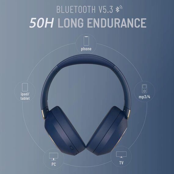 LORELEI B-C6 Kabellose Over-Ear-Kopfhörer, 50H Playtime Faltbare, leichte Bluetooth-Headsets, Tiefe Bässe, eingebautes Mikrofon, Ohrenschützer aus Memory-Schaumstoff, für Reisen(Navy)
